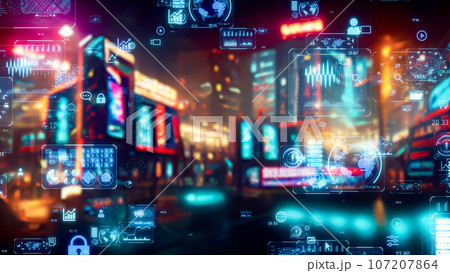 都市の夜景とデータ　デジタルトランスフォーメーション 107207864