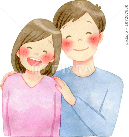 肩を寄せ合って喜ぶ若い夫婦(カップル)の水彩イラスト 107207930