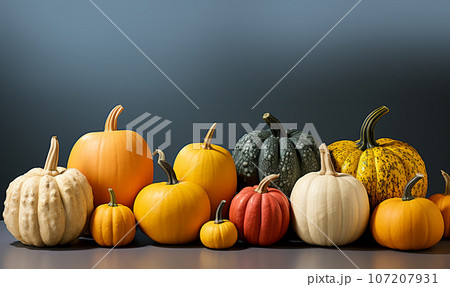 Fall season retro bright pastel colored pumpkins in a row, modern colors, Autumn,Fall, Halloween concept with copy space Fall season retro bright pastel colored pumpkins in a row, modern colors, Autumn,Fall, Halloween concept with copy space 107207931