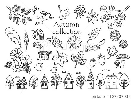 手描き 秋のイラストセット 北欧風 手描き 秋のイラストセット 北欧風 107207935