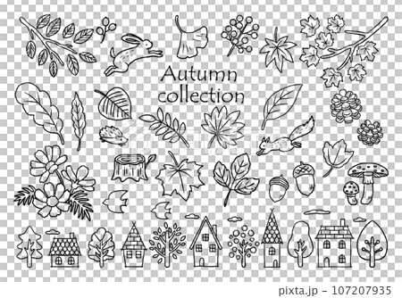 手描き 秋のイラストセット 北欧風 手描き 秋のイラストセット 北欧風 107207935