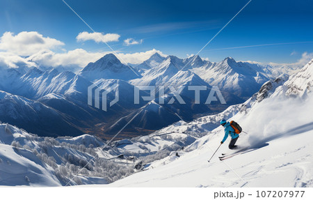 Ski action. skier active sport in winter landscape. good skiing in the snowy mountains, Skiing downhill in high mountains 107207977