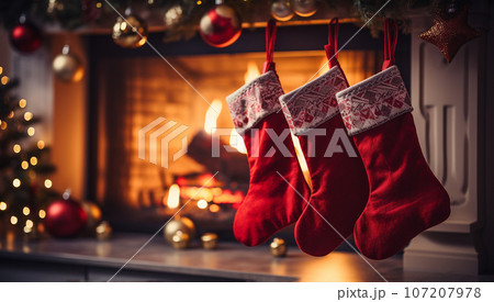Three red christmas stockings on fireplace mantle, cozy interior decoration. Hanging red socks for presents and toys. Merry Christmas concept Three red christmas stockings on fireplace mantle, cozy interior decoration. Hanging red socks for presents and toys. Merry Christmas concept 107207978