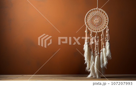 Dreamcatcher with white plumage on concrete wall with copy space. Interior decoration. Native American Dream Catcher stylish design bohemian Dreamcatcher with white plumage on concrete wall with copy space. Interior decoration. Native American Dream Catcher stylish design bohemian 107207993