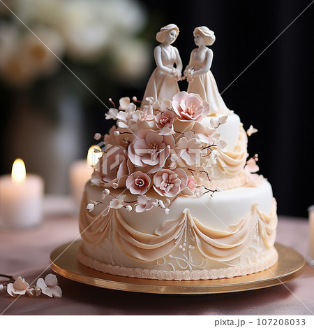 Bride and bride topper on elegant wedding cake. figurines of the bride and groom on a beautiful white cake with wedding decor Lesbien, Gay couple getting married Bride and bride topper on elegant wedding cake. figurines of the bride and groom on a beautiful white cake with wedding decor Lesbien, Gay couple getting married 107208033
