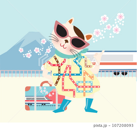 旅行するサングラスを掛けた猫のキャラクター 107208093