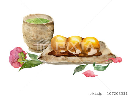 Watercolor hand drawn traditional Japanese sweets. Ceramic dish, mitarashi dango, camellia flower. Isolated on white background. Design for invitations, restaurant menu, greeting cards, print, textile Watercolor hand drawn traditional Japanese sweets. Ceramic dish, mitarashi dango, camellia flower. Isolated on white background. Design for invitations, restaurant menu, greeting cards, print, textile 107208331