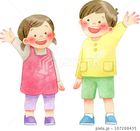 手を振る笑顔の子供たちの水彩イラスト 手を振る笑顔の子供たちの水彩イラスト 107208435