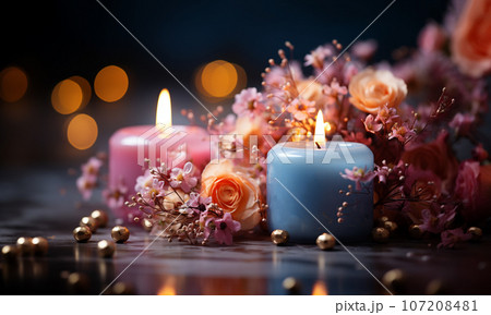 Colorful dreamy candles on bokeh background on wooden table surrounded with pink flowers. Dreamy design,Candles against bokeh lights background for clean Spa, valentine, wedding theme. Love and Peace 107208481