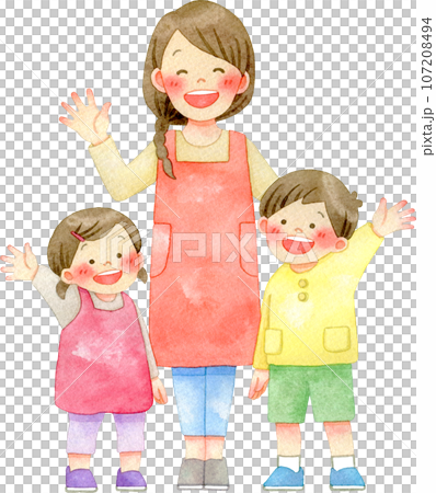 一位微笑的女幼兒園老師和揮手的孩子們的水彩插圖 107208494