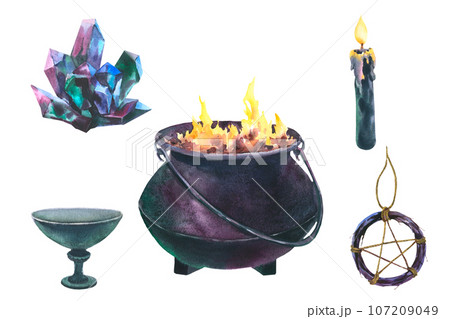 Watercolor magic elements, Witch Cauldron, candle, pentagram symbol and crystal. Hand painted illustration of Caldron with fire for Halloween clip art. Isolated sketch on white background Watercolor magic elements, Witch Cauldron, candle, pentagram symbol and crystal. Hand painted illustration of Caldron with fire for Halloween clip art. Isolated sketch on white background 107209049