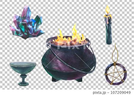 Watercolor magic elements, Witch Cauldron, candle, pentagram symbol and crystal. Hand painted illustration of Caldron with fire for Halloween clip art. Isolated sketch on white background 107209049