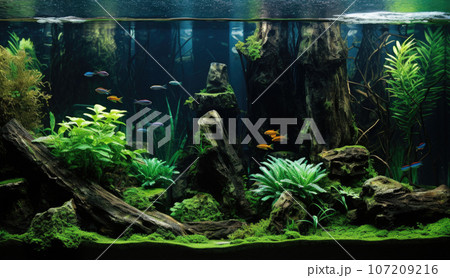 Home aquarium with green plants and rocks Home aquarium with green plants and rocks 107209216