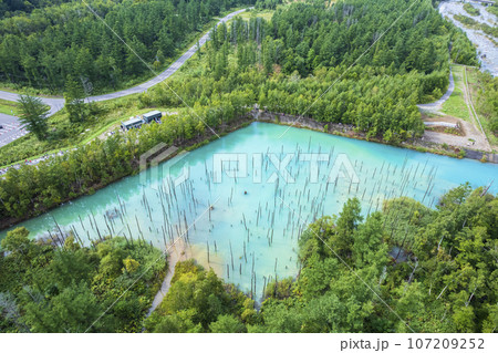 北海道 美瑛の「白金青い池」を空撮 107209252