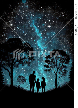 Family silhouette looks at the starry sky. AI generated 107209253