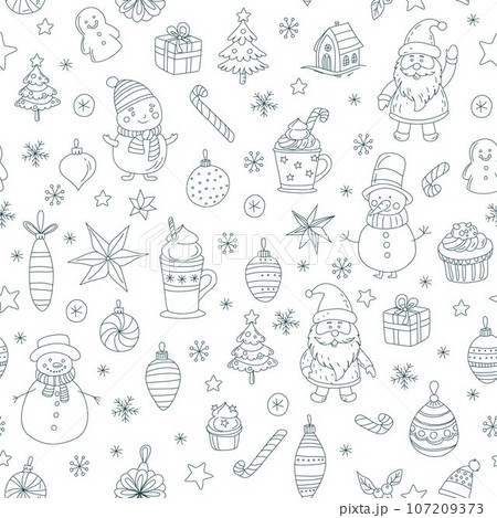 Christmas Doodle Seamless Pattern Santa Claus, Snowmen, Hot Chocolate Festive Holiday Christmas Doodle Seamless Pattern Santa Claus, Snowmen, Hot Chocolate Festive Holiday 107209373