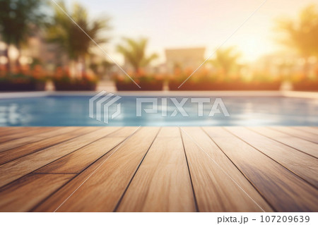 Wooden surface with a blurred background of a swimming pool. Generative AI 107209639