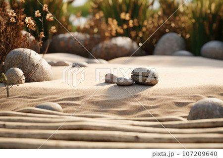 Japanese zen garden. Stones in row pattern in sand and rocks for relaxation and concentration. Generative AI 107209640