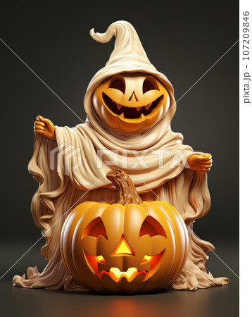 Cartoon ghost and pumpkin as Halloween symbols. AI 107209846