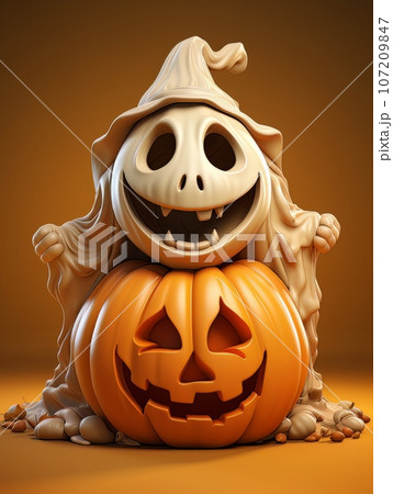 Cartoon ghost and pumpkin as Halloween symbols. AI 107209847