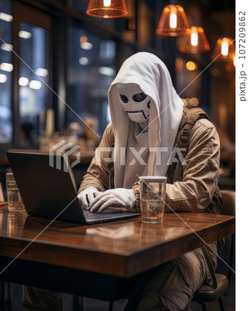 Creepy ghost in white sheet sitting with a laptop in a cafe on Halloween. AI Creepy ghost in white sheet sitting with a laptop in a cafe on Halloween. AI 107209862