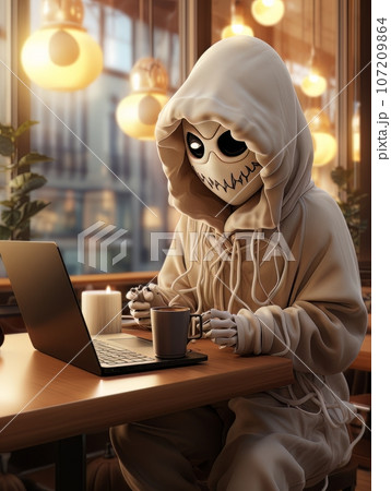 Cartoon ghost in white sheet sitting with a laptop in a cafe on Halloween. AI 107209864
