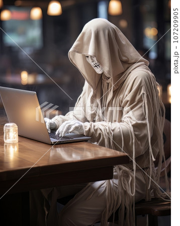 Creepy ghost in white sheet sitting with a laptop in a cafe on Halloween. AI Creepy ghost in white sheet sitting with a laptop in a cafe on Halloween. AI 107209905