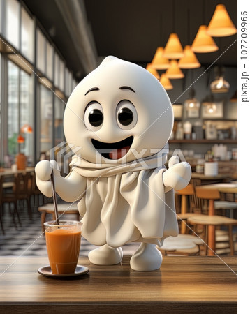 Cartoon ghost in white sheet drinks cocoa alone in a coffee shop on Halloween. AI 107209966