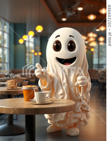 Cartoon ghost in white sheet drinks cocoa alone in a coffee shop on Halloween. AI 107209989
