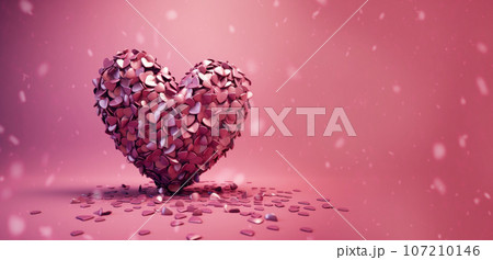 Banner with Valentines Day heart made of pink small hearts closeup isolated on pink background. Generated by AI 107210146