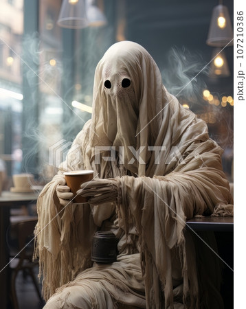 Creepy ghost in white robe drinks coffee alone in a coffee shop on Halloween. AI 107210386