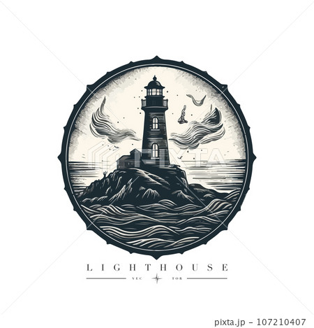 Lighthouse in the ocean on the small rocky island vector logo emblem. Lighthouse tower mascot Lighthouse in the ocean on the small rocky island vector logo emblem. Lighthouse tower mascot 107210407