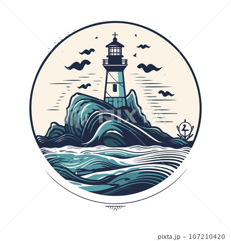 Lighthouse in the ocean on the small rocky island vector logo emblem. Lighthouse tower mascot Lighthouse in the ocean on the small rocky island vector logo emblem. Lighthouse tower mascot 107210420