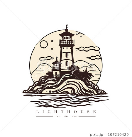 Lighthouse in the ocean on the small rocky island vector logo emblem. Lighthouse tower mascot 107210429