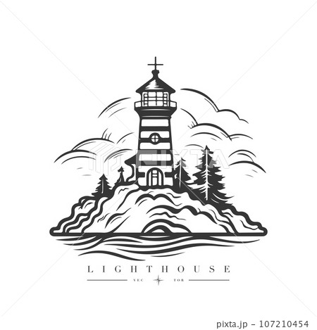 Lighthouse in the ocean on the small rocky island vector logo emblem. Lighthouse tower mascot 107210454