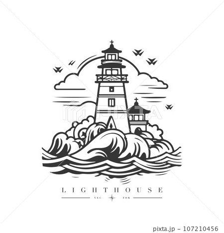 Lighthouse in the ocean on the small rocky island vector logo emblem. Lighthouse tower mascot 107210456