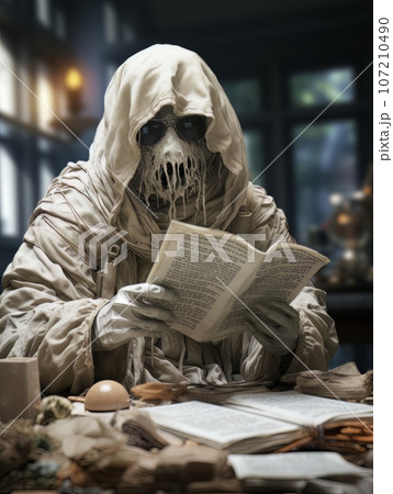 Creepy ghost reading newspaper at the table in a coffee shop. AI Creepy ghost reading newspaper at the table in a coffee shop. AI 107210490
