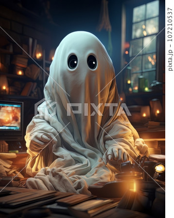 Cute cartoon ghost watching TV in a sunny room. AI 107210537
