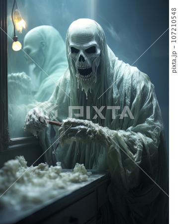 Creepy ghost dementor in white robe with predatory grin on his skull. AI 107210548
