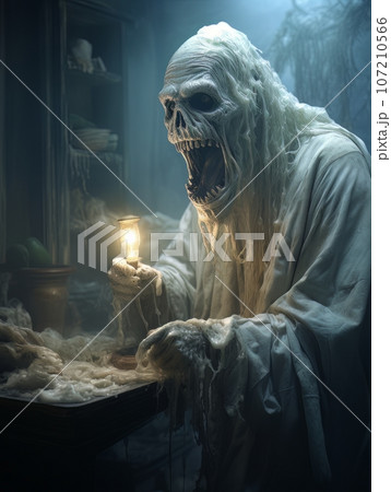 Creepy ghost dementor in white robe with predatory grin on his skull. AI 107210566