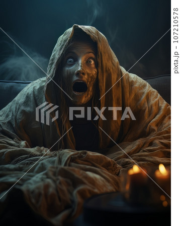 Creepy ghost woman in dirty sheet watching TV. AI 107210578