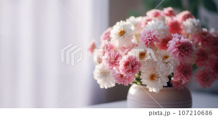 Banner with white pink flowers isolated on table in livingroom.Holiday gift with Birthday, flat lay, top view, copy space.Generated by AI Banner with white pink flowers isolated on table in livingroom.Holiday gift with Birthday, flat lay, top view, copy space.Generated by AI 107210686