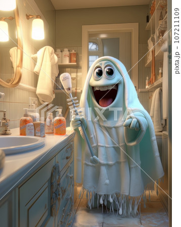 Cartoon white ghost with a toothbrush to clean his teeth, AI 107211109