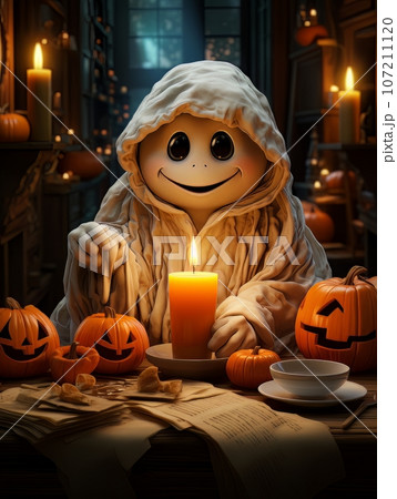 Cartoon white ghost sitting at a table with pumpkin by candlelight, AI 107211120