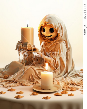 Cartoon white ghost sitting at a table by candlelight, AI Cartoon white ghost sitting at a table by candlelight, AI 107211223