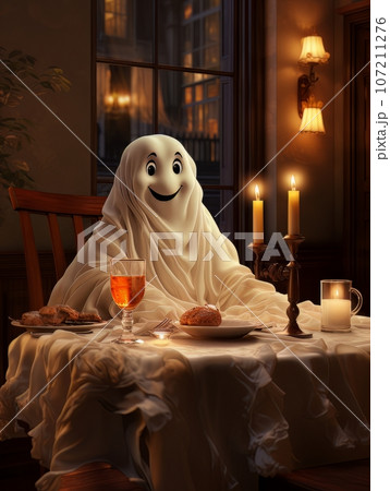 Cartoon white ghost sitting at a table by candlelight, AI Cartoon white ghost sitting at a table by candlelight, AI 107211276