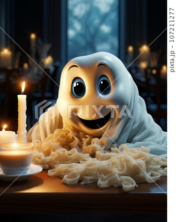Cartoon white ghost sitting at a table by candlelight, AI Cartoon white ghost sitting at a table by candlelight, AI 107211277