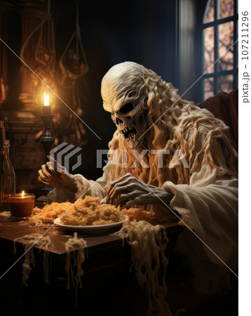 Creepy ghost dementor eats dinner by candlelight, AI 107211296