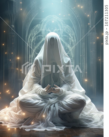 Dementor ghost in white sheet doing yoga, sitting in the lotus position, AI Dementor ghost in white sheet doing yoga, sitting in the lotus position, AI 107211305