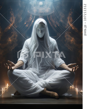 Dementor ghost in white sheet doing yoga, sitting in the lotus position, AI Dementor ghost in white sheet doing yoga, sitting in the lotus position, AI 107211312
